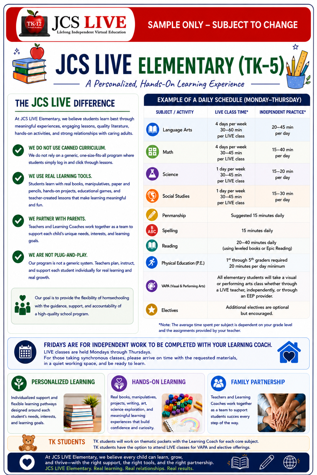 JCS LIVE online elementary school — sample daily schedule