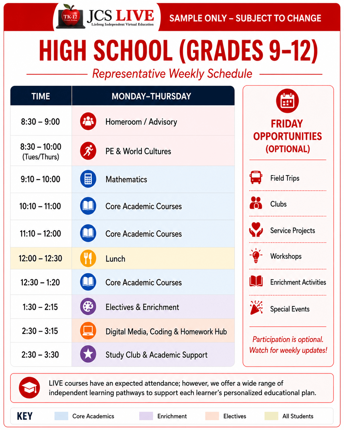 JCS LIVE online high school — sample daily schedule